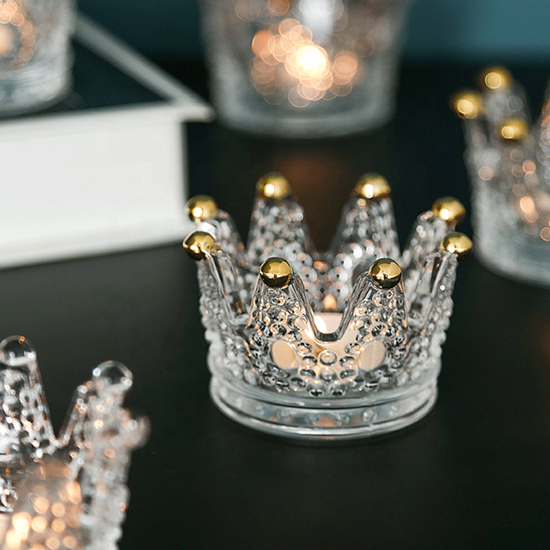 High quality luxury crown shape gold glass candle jar clear holder for candles