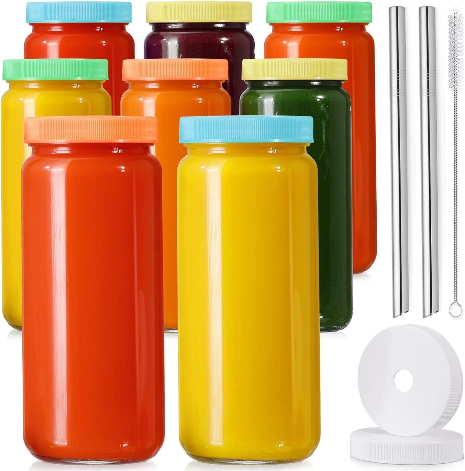 16 OZ Glass Juice Bottles with Airtight Lids Reusable Drinking Jars Travel Water Cups Tall Mason for Juice Boba Smoothie Tea