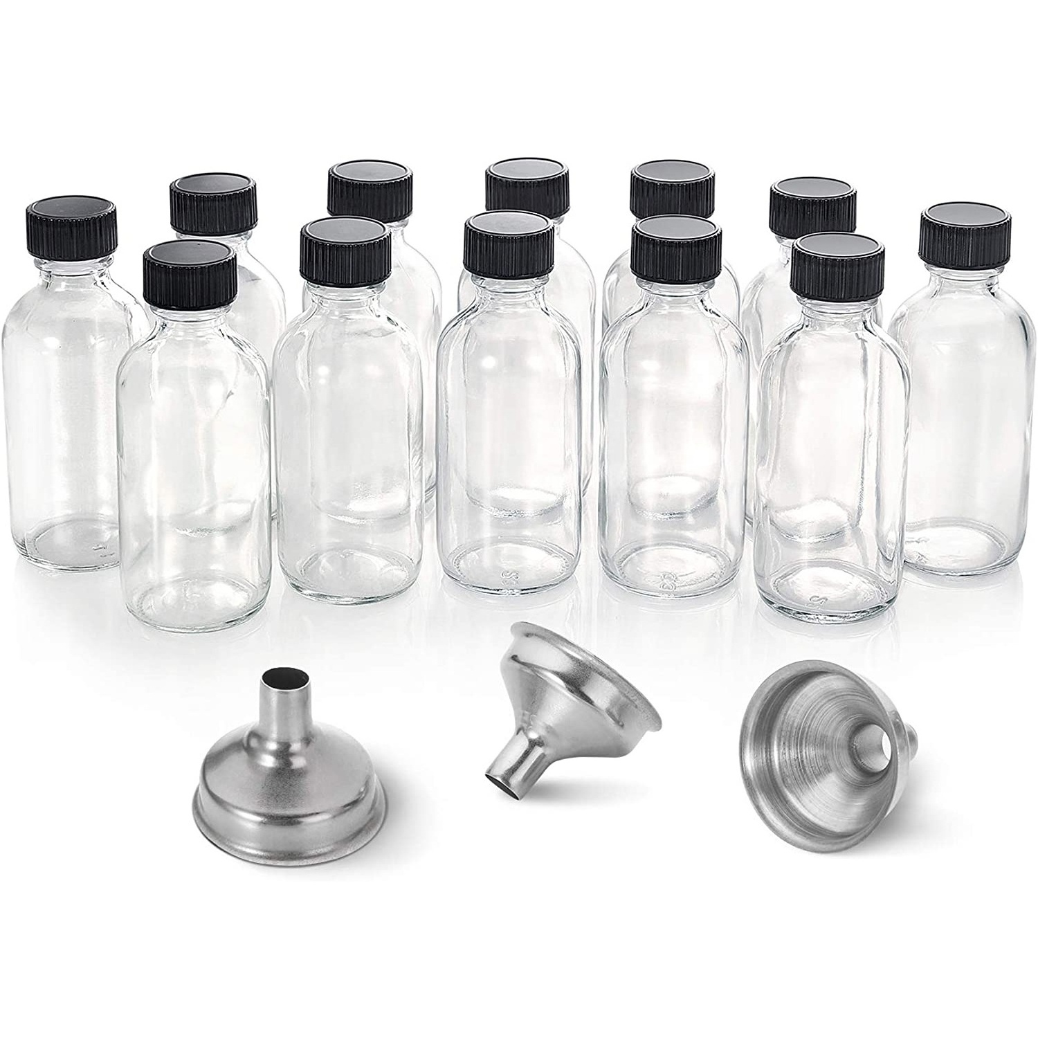 Leakproof 60ml 2oz Boston Round Sample Bottles Mini Travel Bottles with Funnels for Potion Juice Ginger Shots Whiskey Liquids