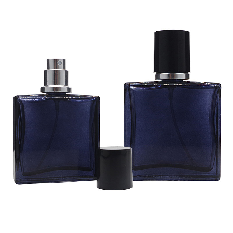 Luxury New Empty Perfume Flacon 50ml Square Dark Blue De Perfume Sprayer Bottle With Cap