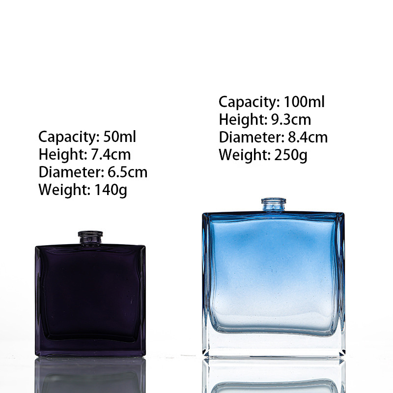 Spray Color flat square dark blue with gradient color empty refill atomizer spray bottle  50ml 100ml custom perfume bottle