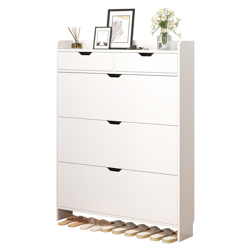 Modern  white 4 Tier Shoe Cabinet Wooden Shoe Rack with Storage Drawer Tipping bucket shoes cabinet