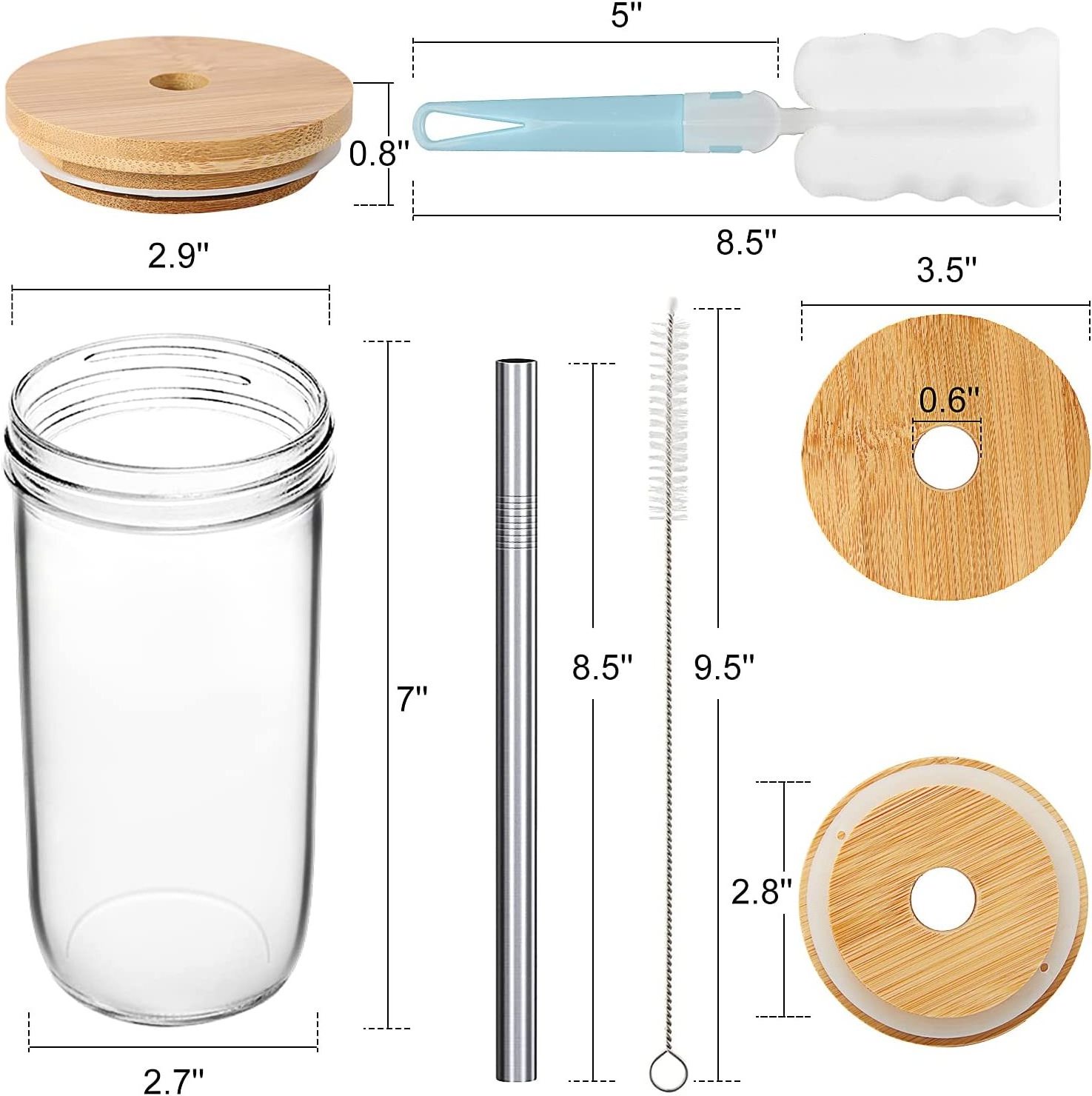 Wholesale Glass Boba Cup Smoothie Tumbler Bubble Mason Jar Tea Cup Wide Mouth 24oz Iced Coffee with Bamboo Lid and Straw