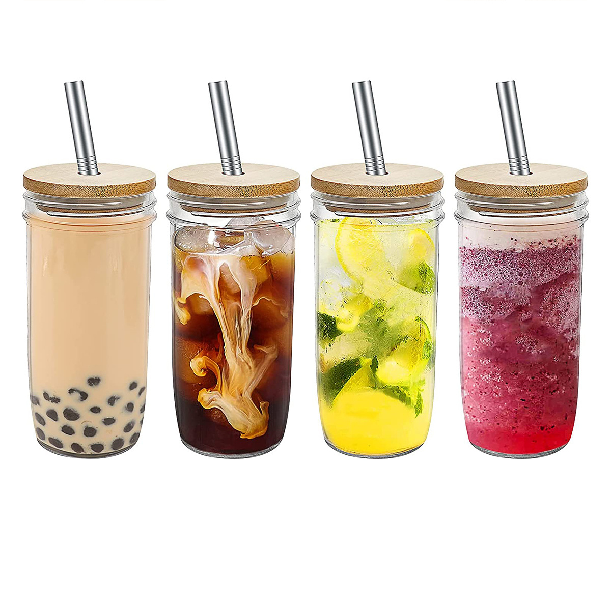 Wholesale Glass Boba Cup Smoothie Tumbler Bubble Mason Jar Tea Cup Wide Mouth 24oz Iced Coffee with Bamboo Lid and Straw