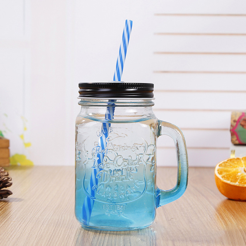 Glass cup Creative gradient color mason jar with lid and straw transparent glass water cup mason cup wholesale creative bottle