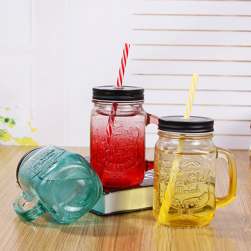 Glass cup Creative gradient color mason jar with lid and straw transparent glass water cup mason cup wholesale creative bottle