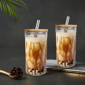 Wholesale Glass Boba Cup Smoothie Tumbler Bubble Mason Jar Tea Cup Wide Mouth 24oz Iced Coffee with Bamboo Lid and Straw