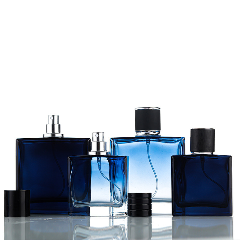 Design 50 ml 100 ml Skincare Cologne Bottle Dark Blue Clear Gradient Color Glass Parfum Bottle With Black Lid