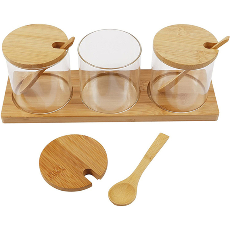 Jar Spoon, Cute Sugar Bowl Bath Salt Storage Canister Seasoning Container Condiment Pot W Clear Glass with Bamboo Lid and Wooden