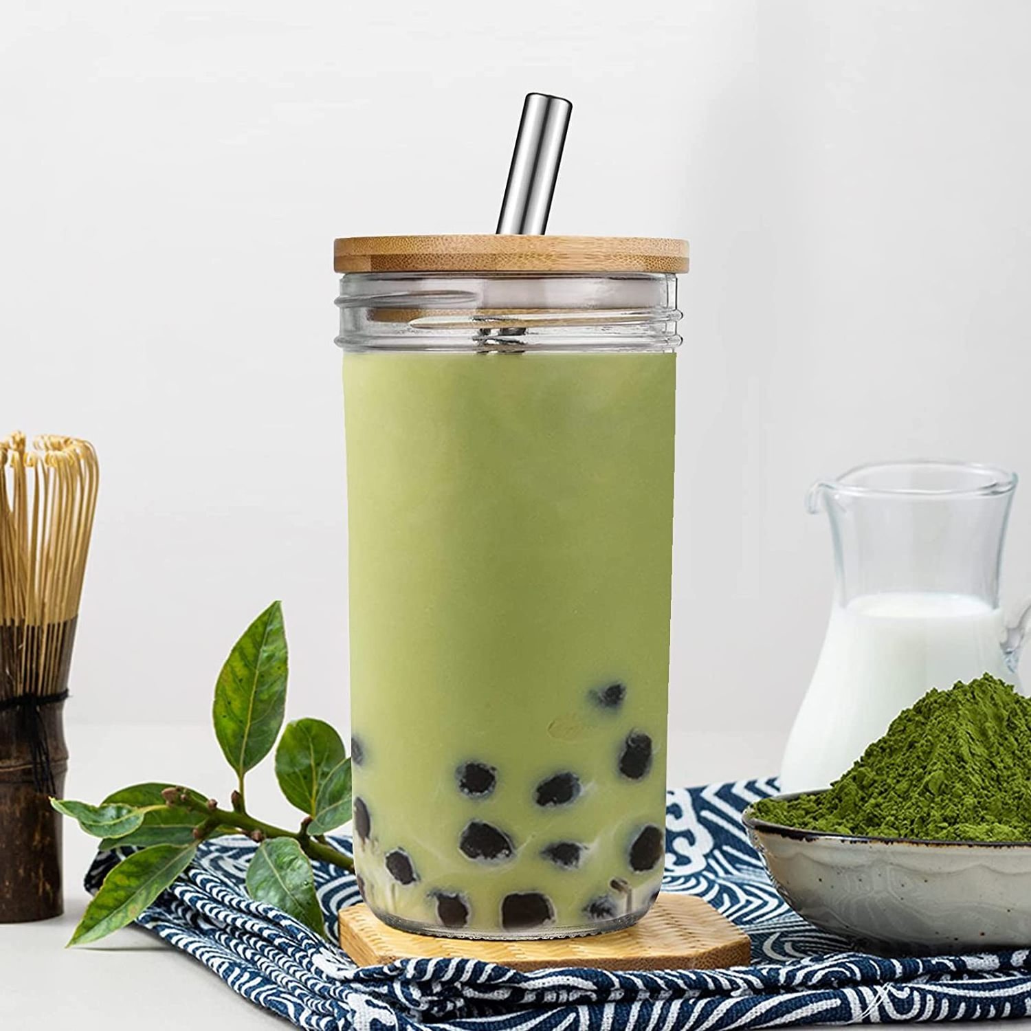 Wholesale Glass Boba Cup Smoothie Tumbler Bubble Mason Jar Tea Cup Wide Mouth 24oz Iced Coffee with Bamboo Lid and Straw