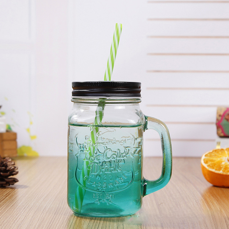 Glass cup Creative gradient color mason jar with lid and straw transparent glass water cup mason cup wholesale creative bottle