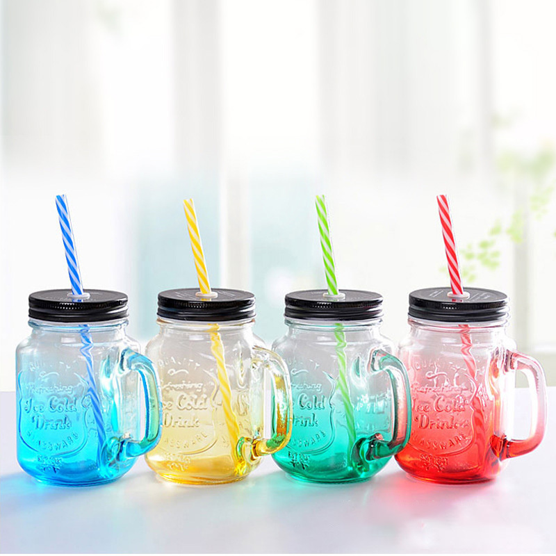 Glass cup Creative gradient color mason jar with lid and straw transparent glass water cup mason cup wholesale creative bottle