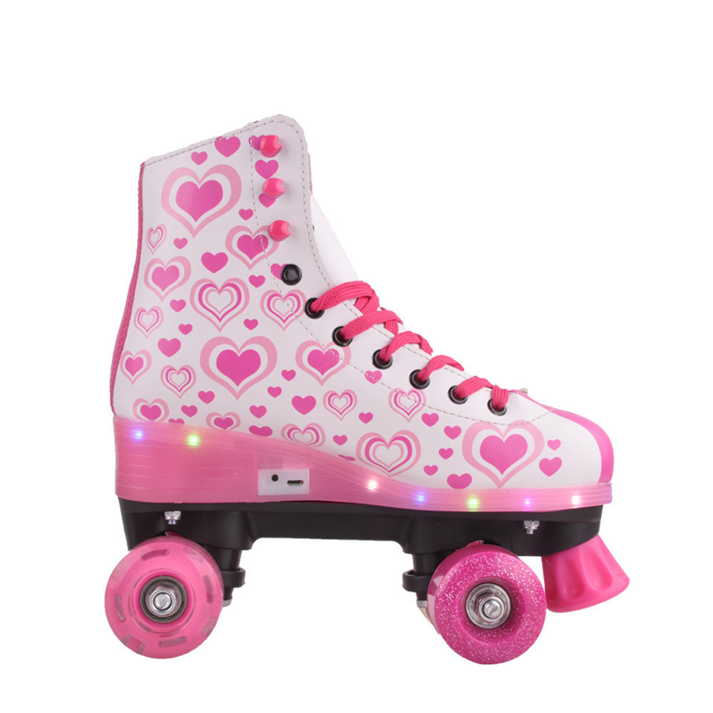 Soy luna patine PVC leather 4 flashing wheels quad roller skates customized wholesale