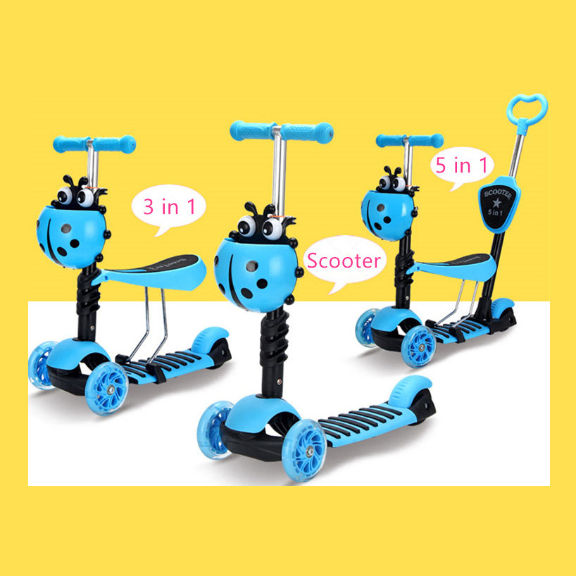 Self balance adjustable  5 in 1  2 wheel front 1 rear PU flashing wheels kick kids scooter with basket and seat