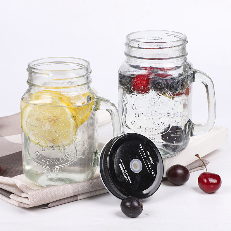 Wholesale 16 Oz  Wide Mouth Mason Jar Coloured Juice Mason Jars Drinking Glass  Cover Handles And Straw Metal Lids