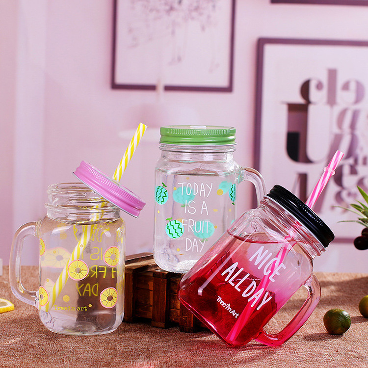 Wholesale 16 Oz  Wide Mouth Mason Jar Coloured Juice Mason Jars Drinking Glass  Cover Handles And Straw Metal Lids