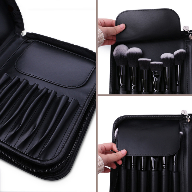 FEIYAN Custom Own Brand Vegan Private Label Professional Black Large Leather Packaging Case 29 Holes Makeup Brush Bag With Zip