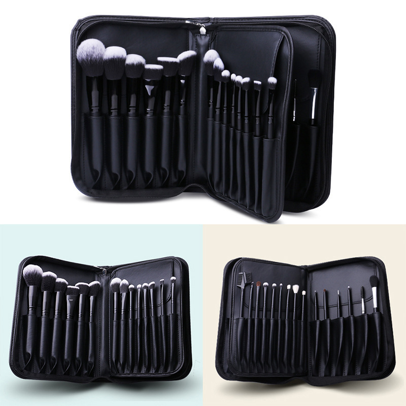 FEIYAN Custom Own Brand Vegan Private Label Professional Black Large Leather Packaging Case 29 Holes Makeup Brush Bag With Zip