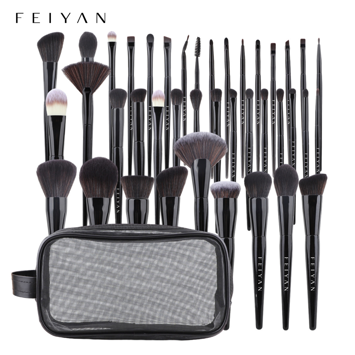 FEIYAN High Quality Luxury Custom Logo Vegan Beauty Tools 40 Pcs Black Makeup Brushes Set