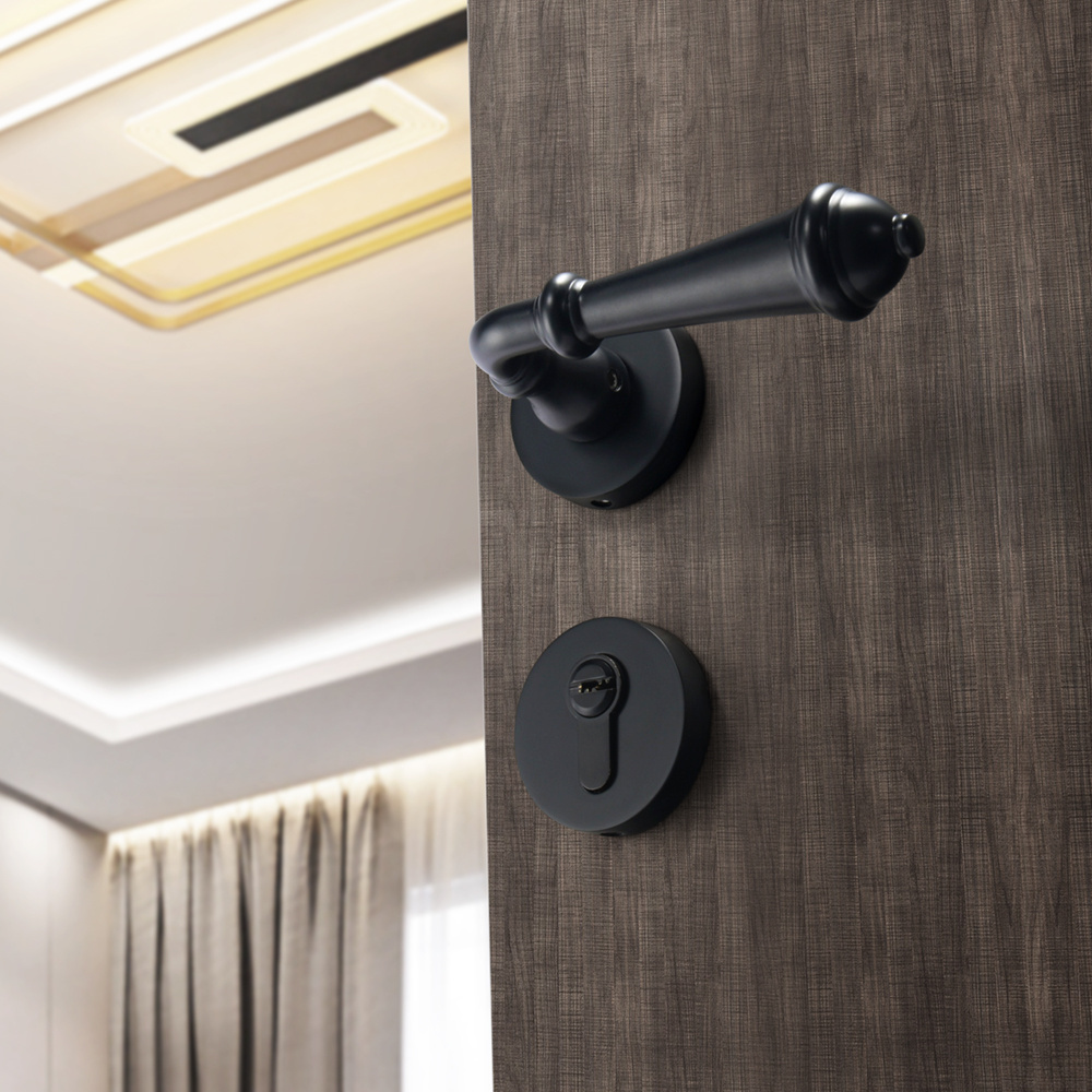 YONFIA 8075R01Black Door Lock Set Modern Brass Interior Bedroom Bathroom Double Wood Door Lever Set Privacy Handle Knob