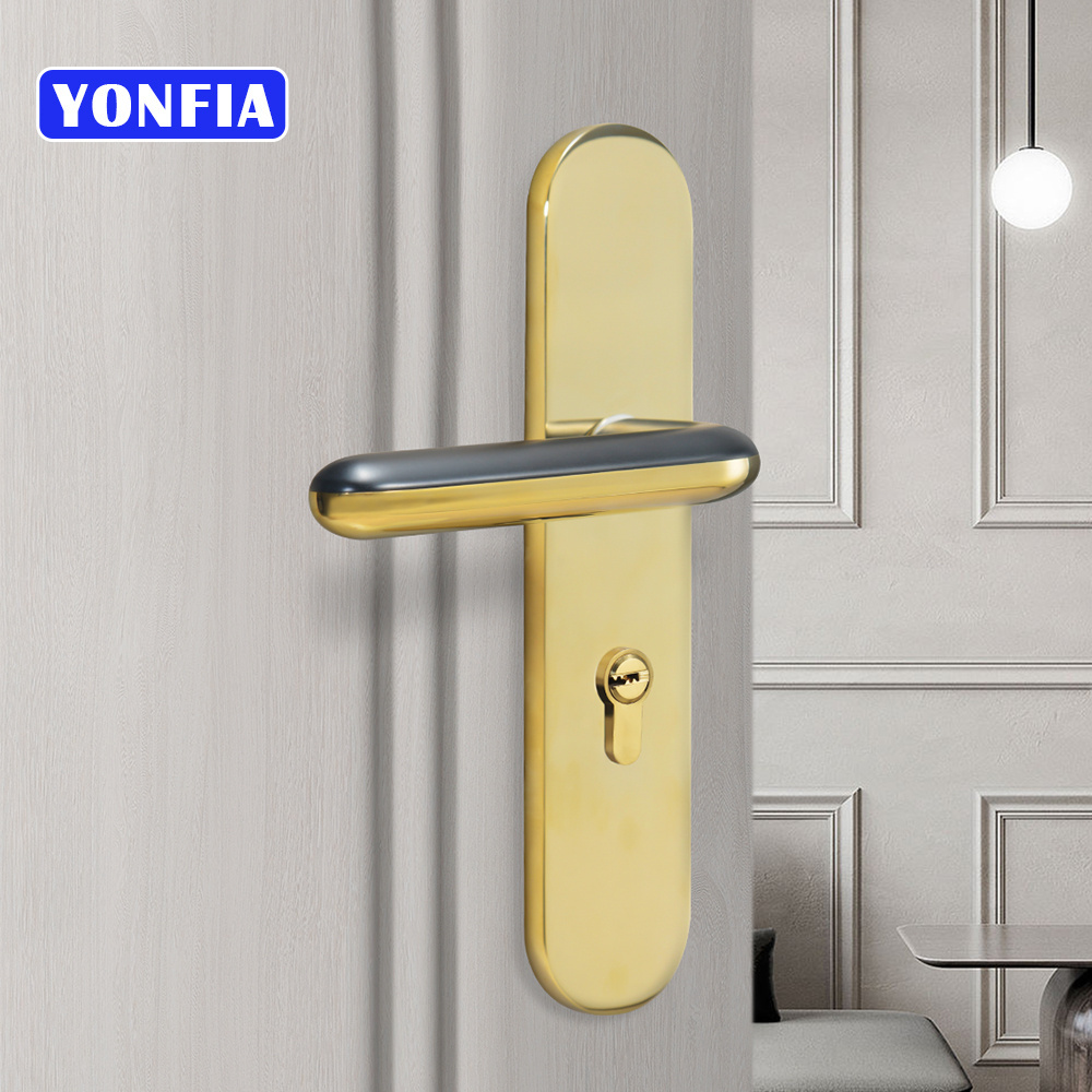 YONFIA 8086P09 Brass Door Lock Set Shiny Gold Interior Bedroom Bathroom Double Wood Door Lever Dummy Passage Privacy