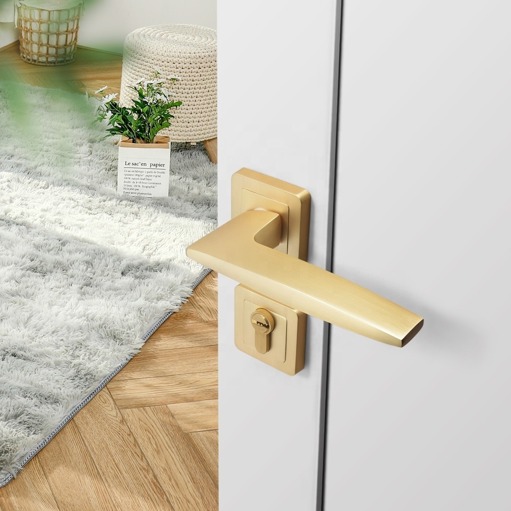 Yonfia A8243R58 brushed brass aluminium interior door handle lock home bathroom satin gold door handle for bedroom wood door