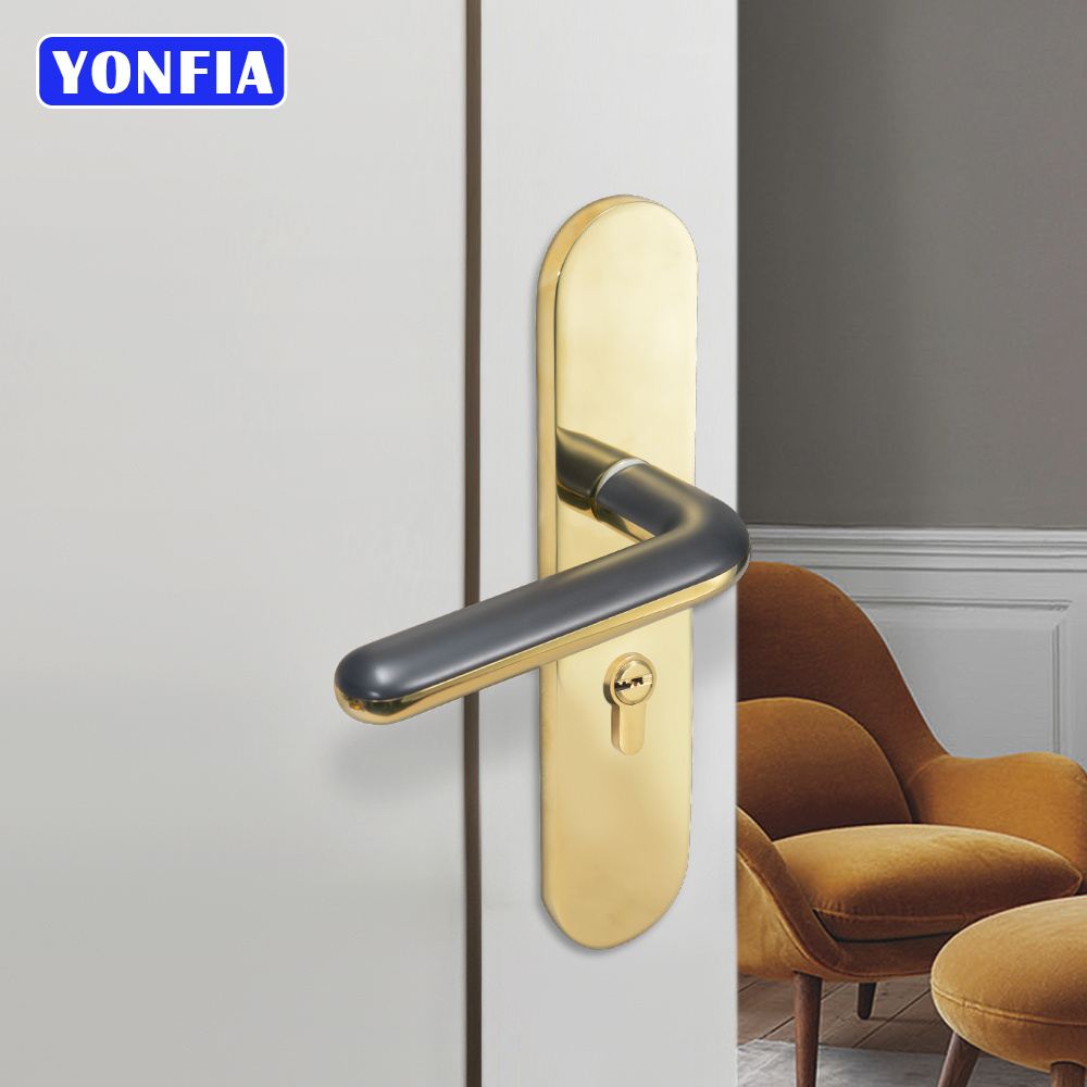 YONFIA 8086P09 Brass Door Lock Set Shiny Gold Interior Bedroom Bathroom Double Wood Door Lever Dummy Passage Privacy