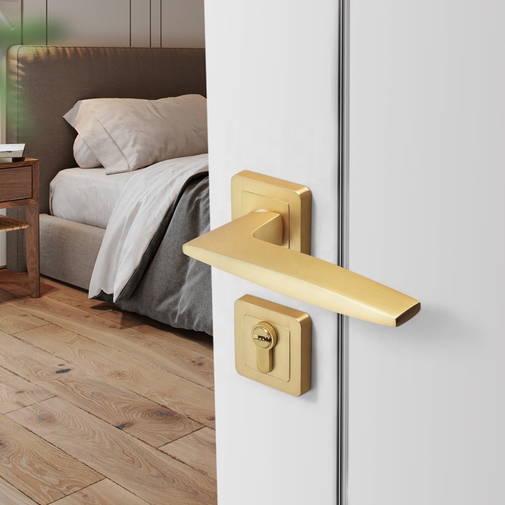 Yonfia A8243R58 brushed brass aluminium interior door handle lock home bathroom satin gold door handle for bedroom wood door