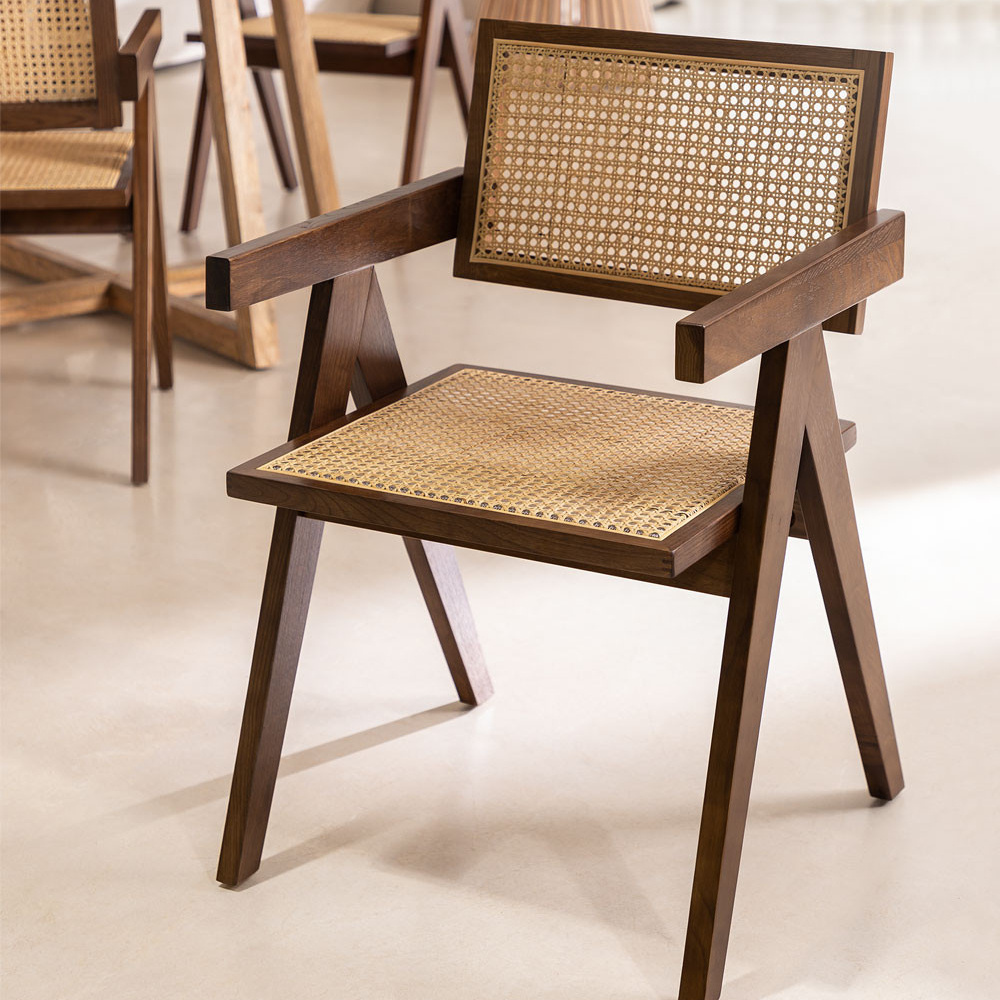 Stock Nordic wabi Sabi rattan woven dining chair ash wooden chair backrest armrest Chandigarh simple dininng room chairs