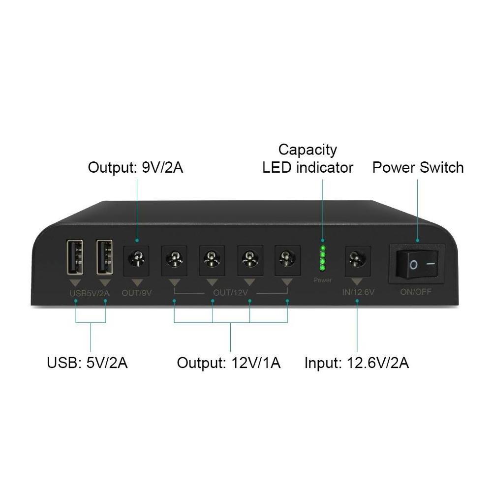 18650 Li-Ion Mini Ups 7 Output Port DC USB 5v 9v 12v Solar Charging Mini UPS for Wifi Router 12v Ups Universal Power Supply