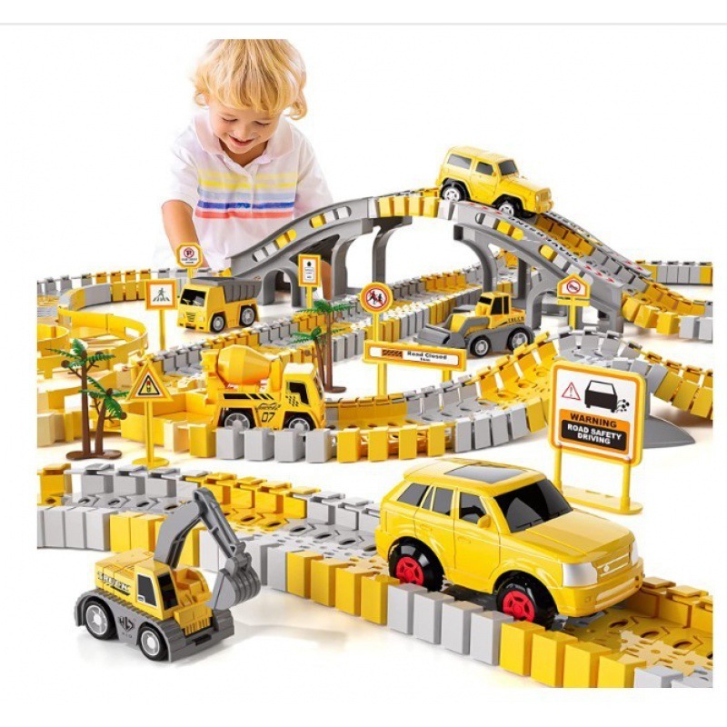 253 PCS Track Toys for Boys and Girls Ages 3-8, 5 PCS Truck and Flexible Track Play Set, Create Engineering Road Play