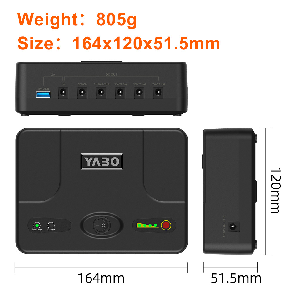 YABO Continuous Power Mini UPS 5V 9V 12V 24V DC Output Lithium-Ion Battery Pack 18650 3S4P