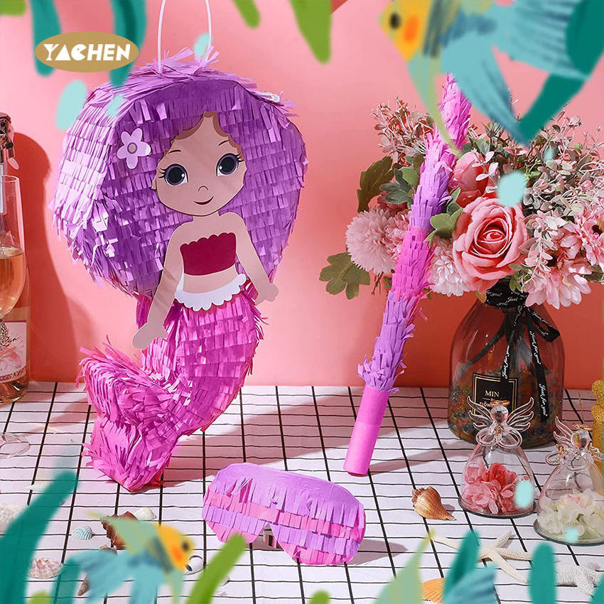 YACHEN Mermaid Party Supplies Mermaid Pinata Bundle with Blindfold Bat Girls Birthday Party Decoration Pinata Toys