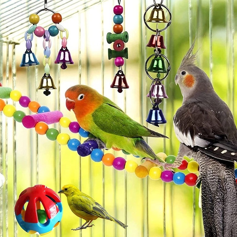 Hot Selling Bird Toy Set Colorful Pet Parrot Toys Swing Chewing Hanging Cage Toy With Bell Bird Cage Accessories