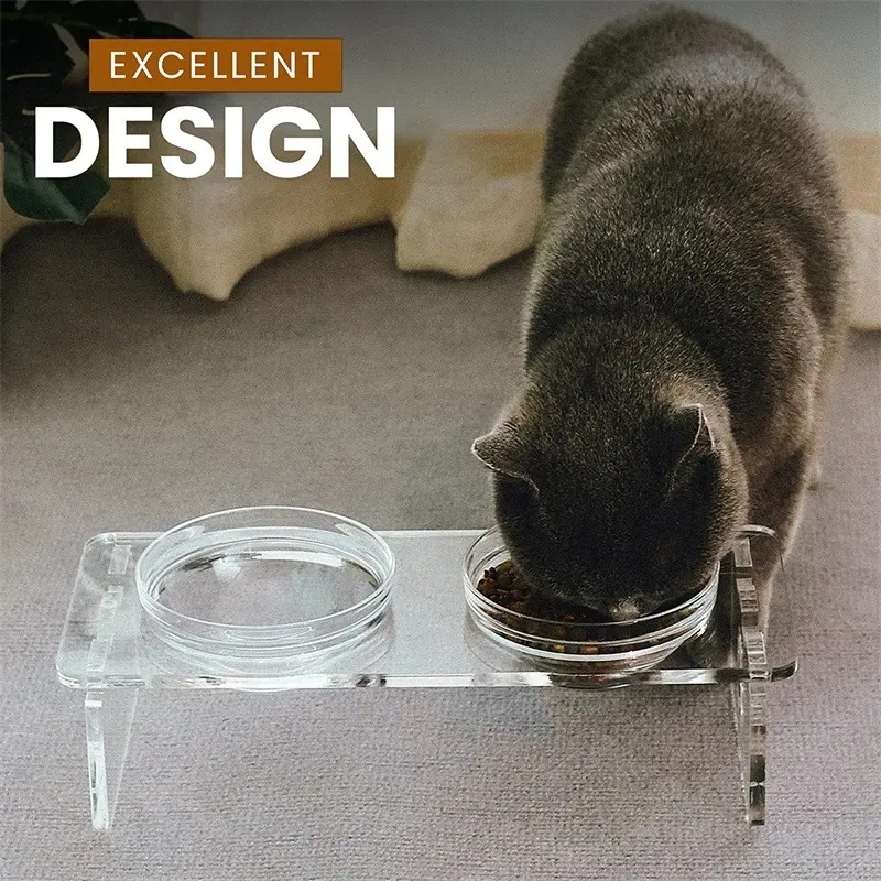 Custom Design Pet Supplies Dog Cat Double Bowls Stand Food Water Feeding Rack Acrylic Pet Feeder Stand