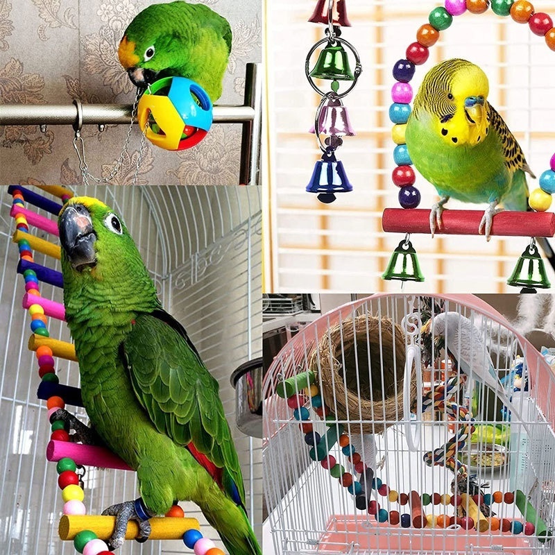 Hot Selling Bird Toy Set Colorful Pet Parrot Toys Swing Chewing Hanging Cage Toy With Bell Bird Cage Accessories