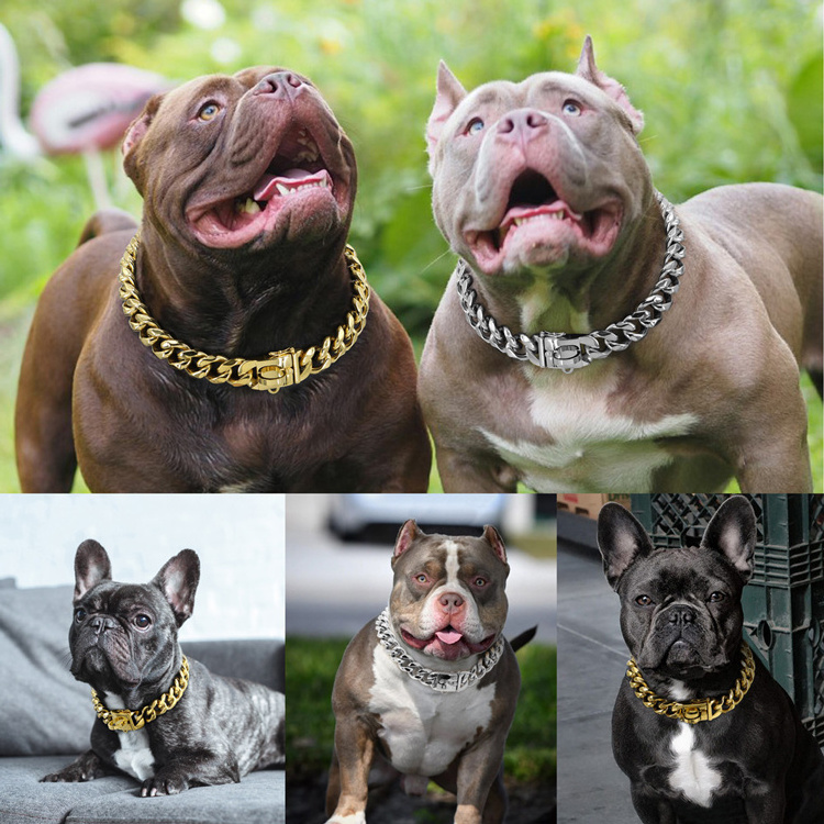 Gold Chain petstar Dog Collar hardware Heavy Duty Stainless Steel pet Cuban Link pitbull Dog Collar Chain dog collar and leash