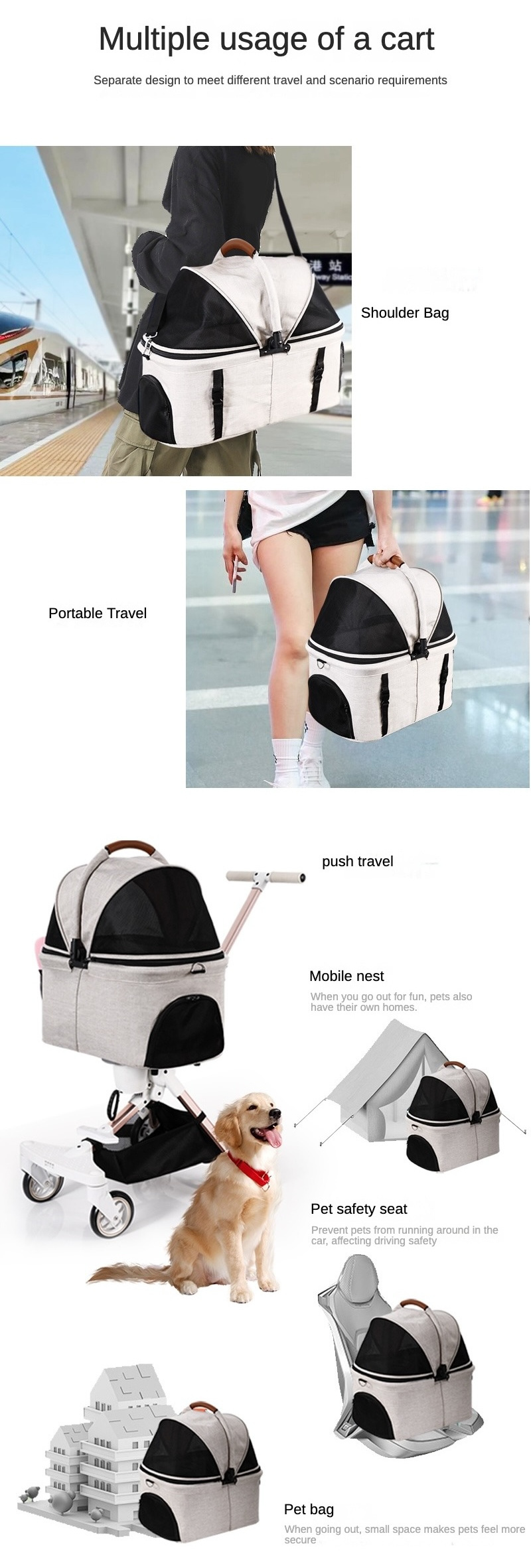 3-in-1 Cat Dog Stroller Foldable Pet Stroller with Detachable Carrier