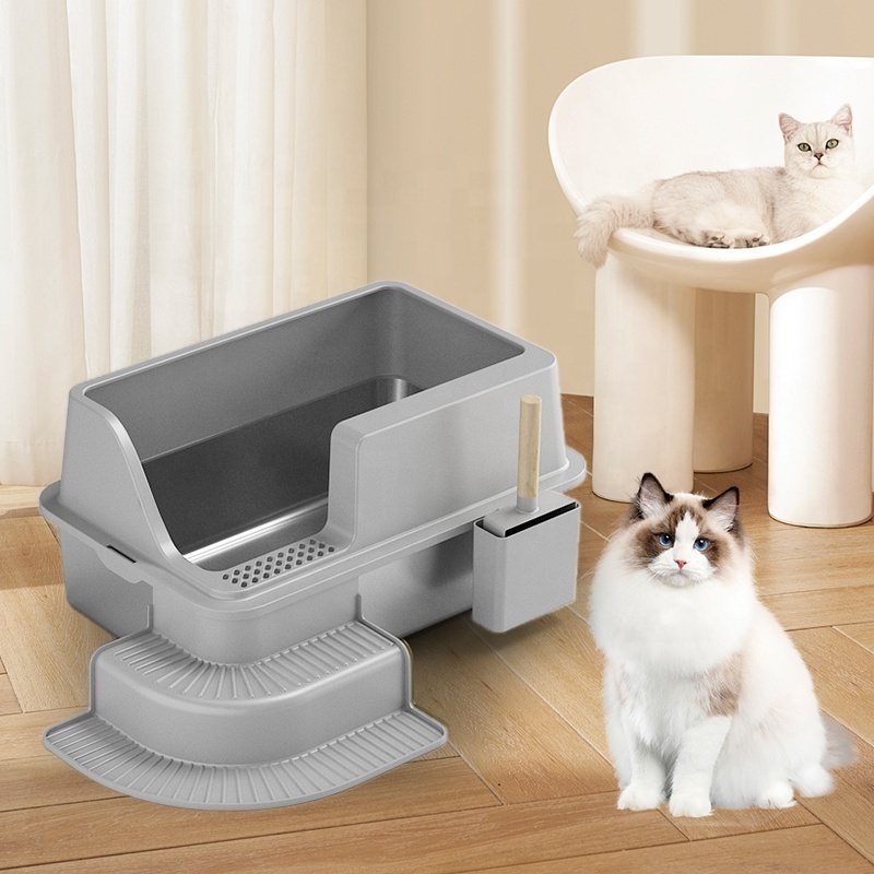 Stainless Steel Semi Enclosed Xl Cat Litter Basin Xl Litter Box For Big Cats Easy Cleaning Litter Box