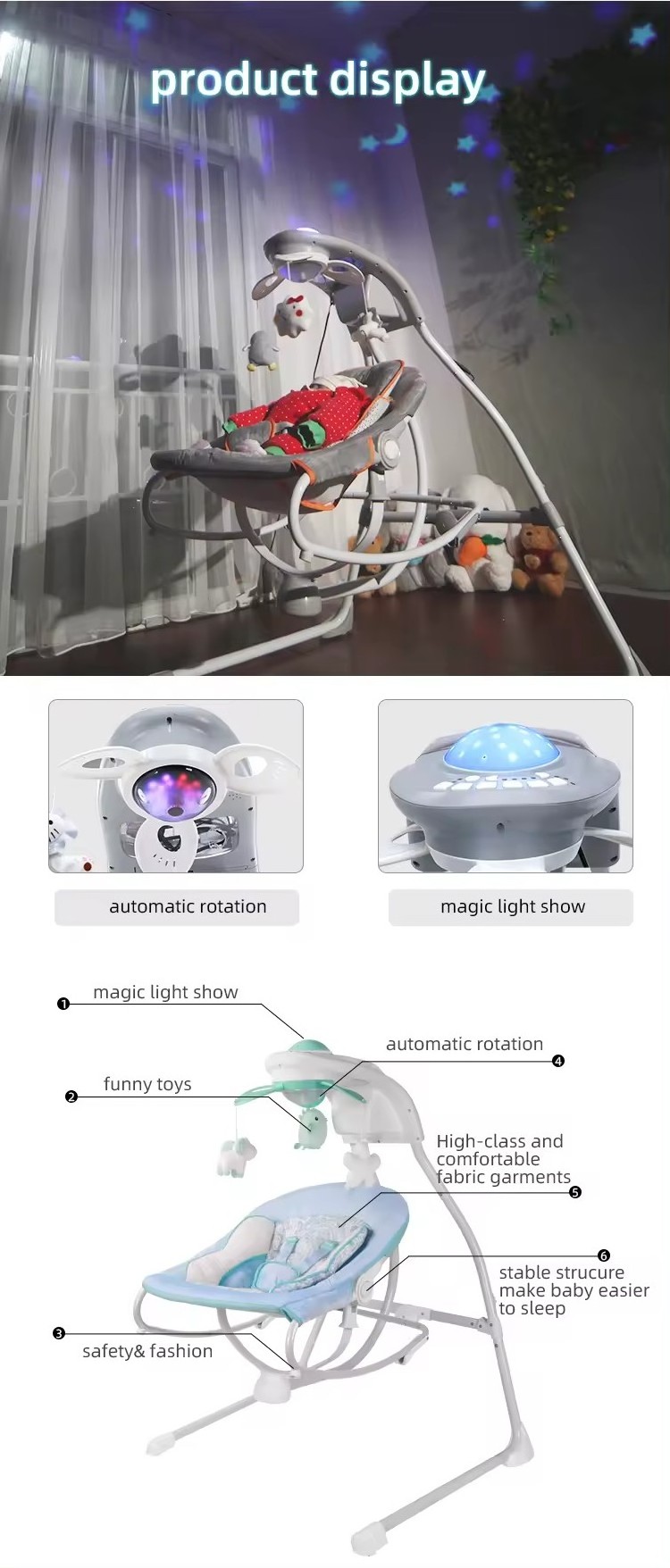 Modern indoor infant comfortable rocker cradle crib portable smart automatic electric baby swing bed with music doll toy