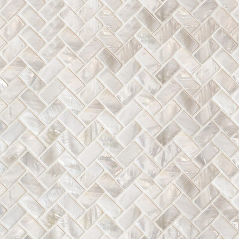 White mother of pearl shell mosaic tile herringbone 12x12 wall backsplash