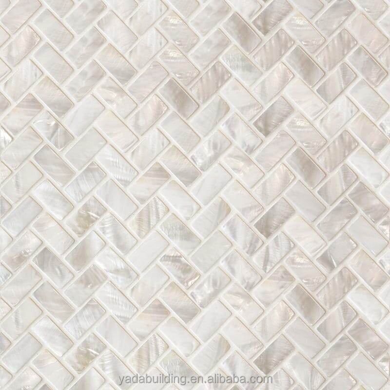 White mother of pearl shell mosaic tile herringbone 12x12 wall backsplash