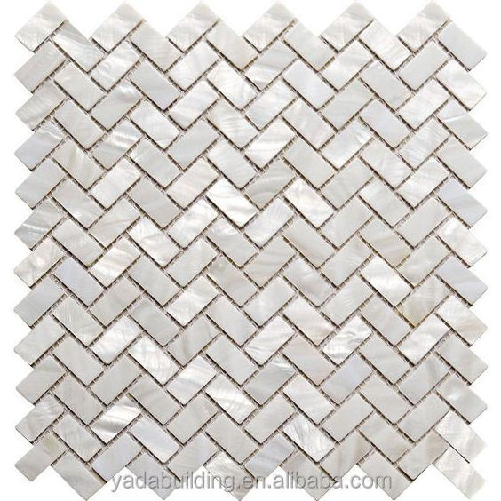 White mother of pearl shell mosaic tile herringbone 12x12 wall backsplash