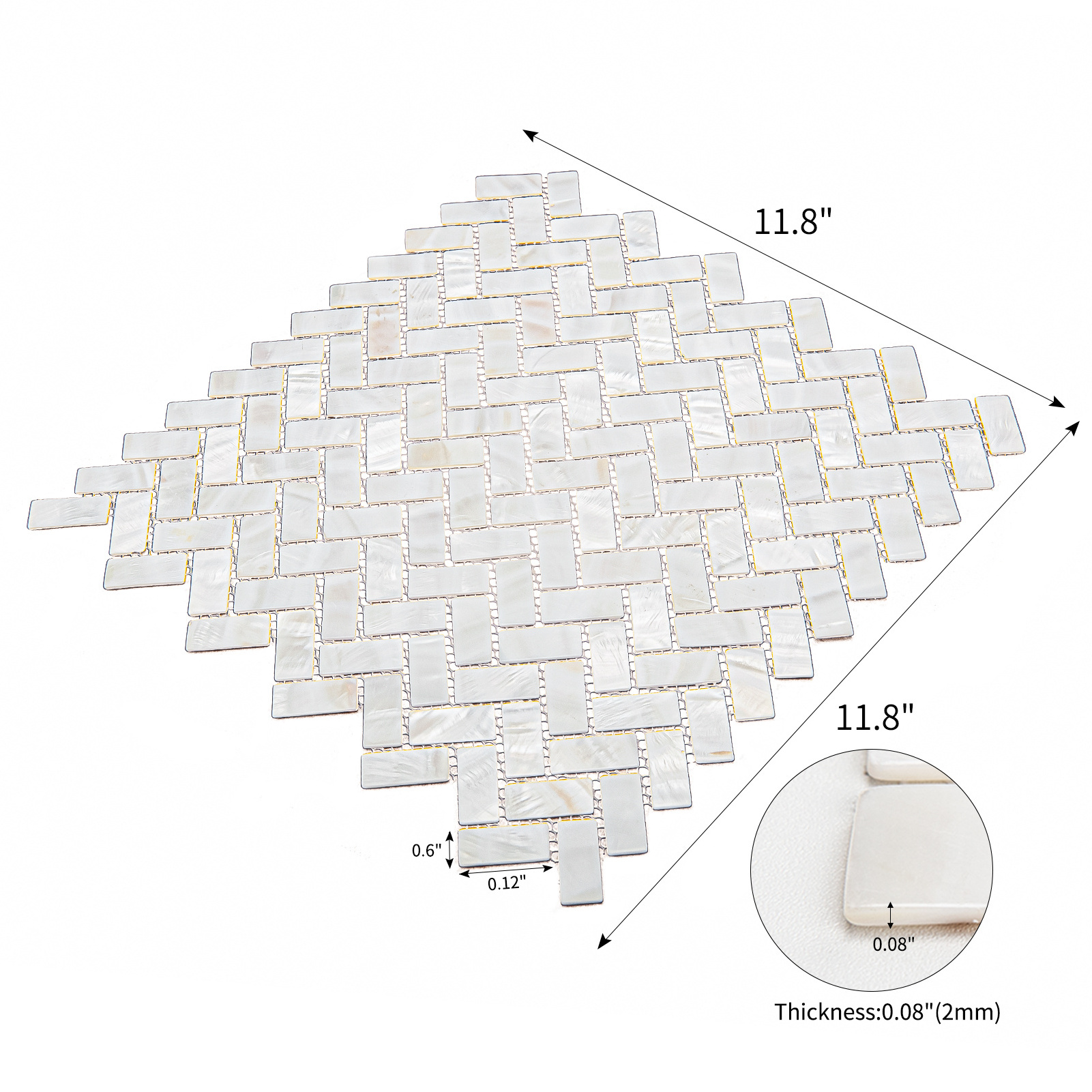 White mother of pearl shell mosaic tile herringbone 12x12 wall backsplash