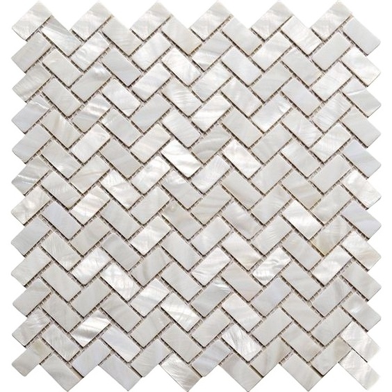 White mother of pearl shell mosaic tile herringbone 12x12 wall backsplash