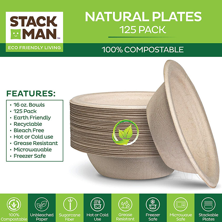 Custom Biodegradable Disposable Food Container Brown Solid Color Sugarcane Paper Plates Soup Salad Bowls