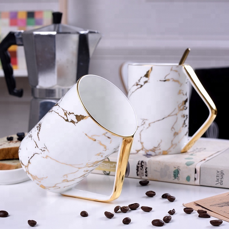 Custom design fine bone china gold marble coffee mug with handle porcelain tea mugs