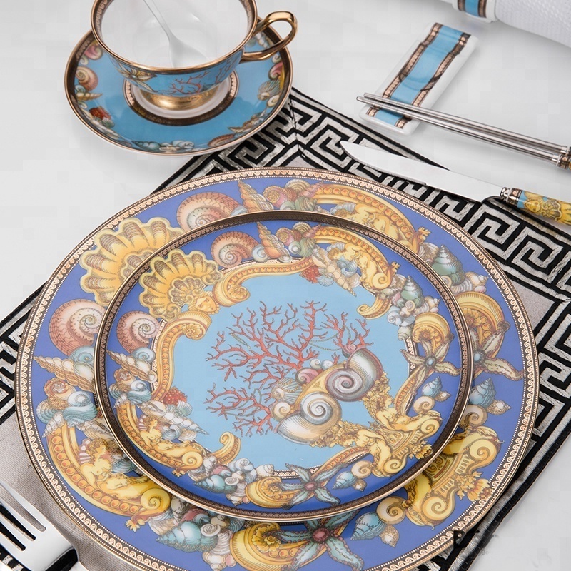 Hotel ceramic dinnerware luxury dishes and plates with gold line