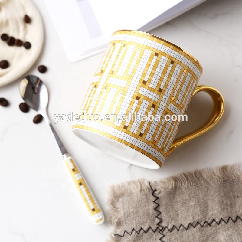 Luxury bone china coffee mug with gold handle