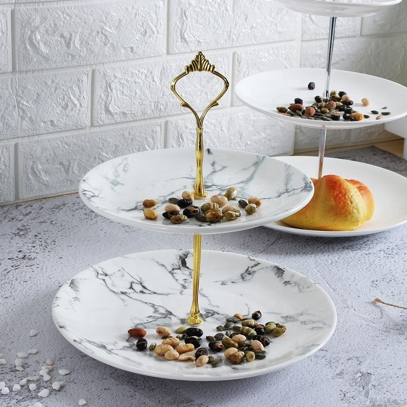 Wedding ceramic three tiers cake plates with gold holder custom logo porcelain marble cake dish and stand